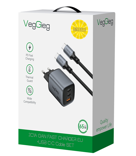 Bộ Sạc Nhanh GaN 65W 2C1A USB-C VegGieg V-M120 kèm cáp USB-C sạc siêu nhanh